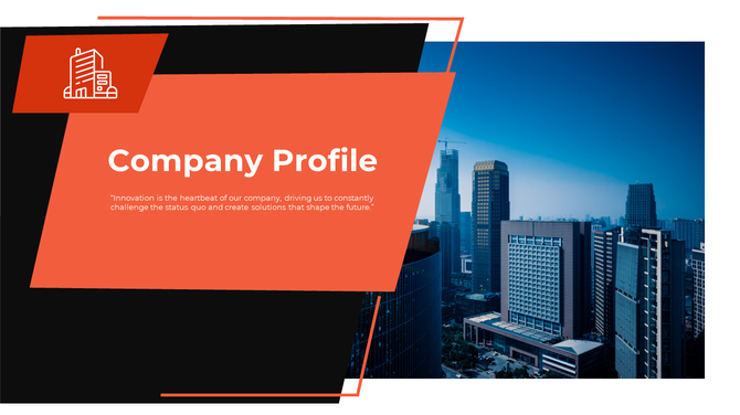 Orange and black company profile slide with an inspiring quote about innovation and a background image of tall city building.