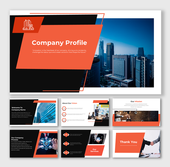 Modern company profile slide deck with red, black, and white themes featuring cityscapes and business visuals.