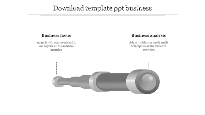 3D grayscale telescope illustration with two text placeholders labeled business focus and business analysis.