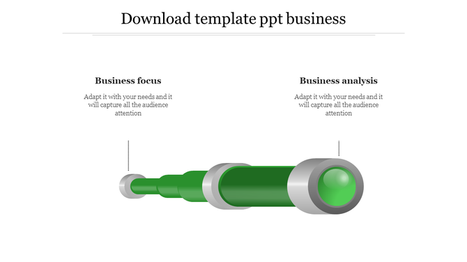 Business PowerPoint template featuring a green telescope icon, with sections labeled business focus and business analysis.