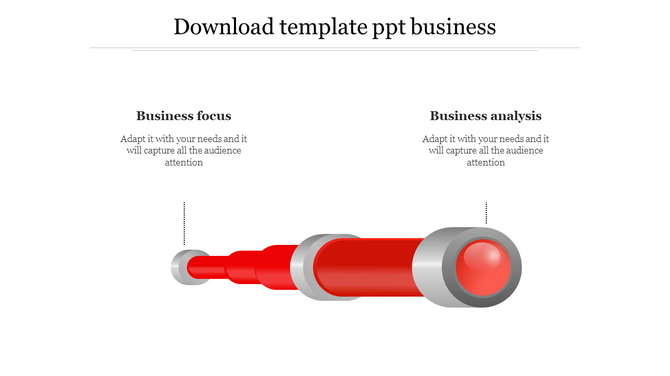 Business PowerPoint template featuring a red telescope icon, with sections labeled business focus and business analysis.