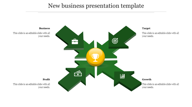 Business infographic with four green arrows pointing to a central golden trophy icon, each arrow featuring business icons.