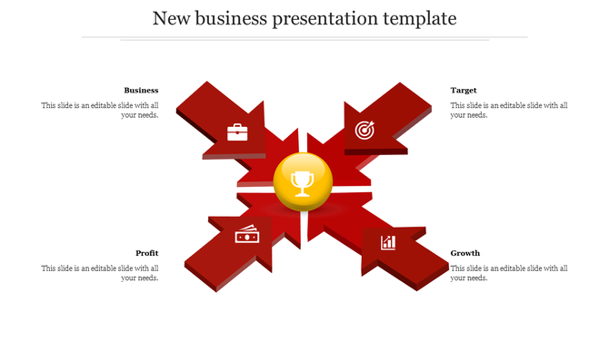 Business infographic with four red arrows pointing to a central golden trophy icon, each arrow containing business icons.