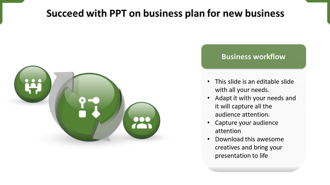 Business workflow diagram with circular icons, including team collaboration and flowchart steps, and caption areas.