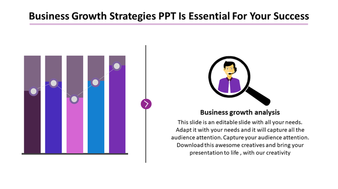 Growth analysis illustration featuring a bar graph and a magnified businessman icon with a caption areas.