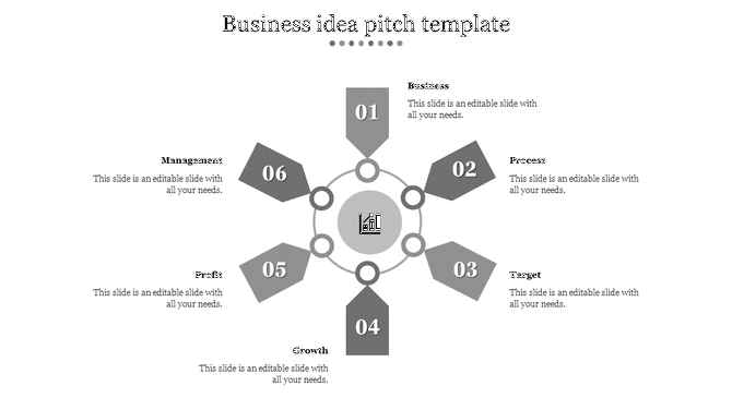 Grayscale slide with six numbered pentagons arranged in a circular layout, each representing a business idea step.