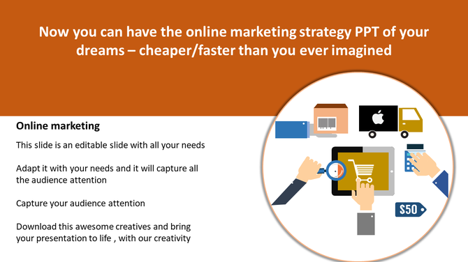 Marketing slide with a circular illustration of online shopping icons and a text section with orange header above.
