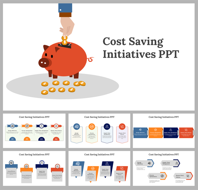 Alt: Cost Saving Initiatives cover slide showing a piggy bank, coin stacks, and savings icons on a blue-orange layout.