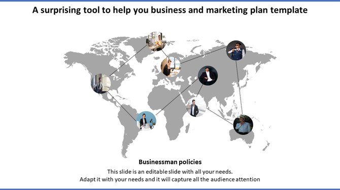 Business and marketing template featuring a gray world map with global icons representing professionals.