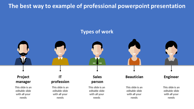 Professional slide showcasing  illustrations of various professions: project manager, IT, sales, beautician, and engineer.