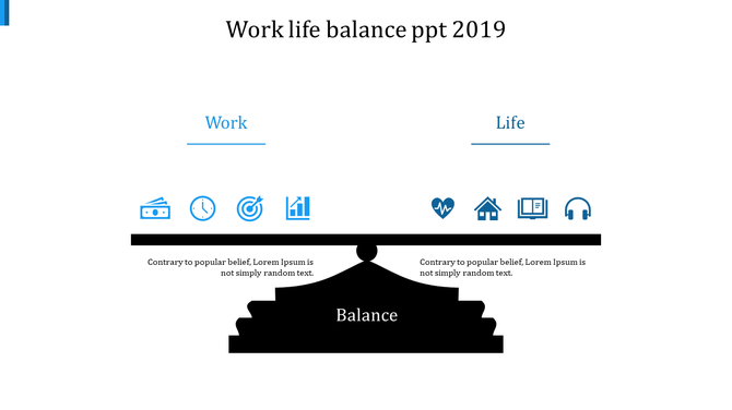 Work-life balance concept with icons representing productivity and personal well-being on a scale.