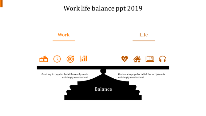 Work life balance PowerPoint diagram slide with work and life labeled, featuring orange icons for each.