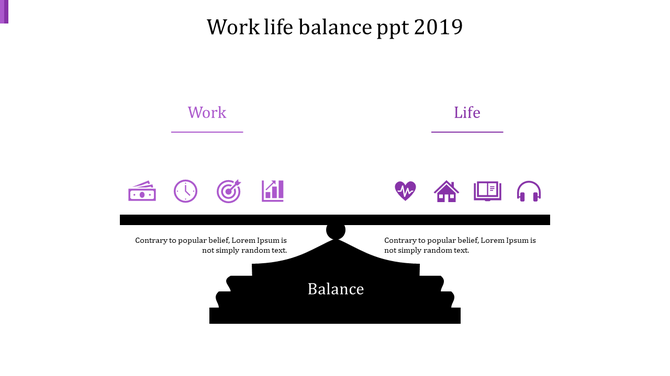 Balanced scale infographic with purple work-related icons on the left and life-related icons on the right.