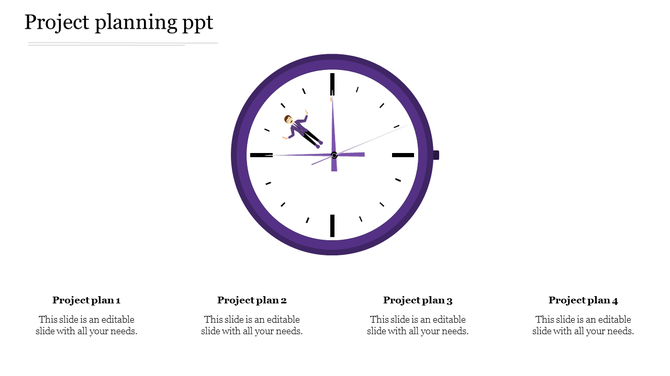 Project planning PowerPoint template featuring a purple clock with a person inside and four project plan sections below.