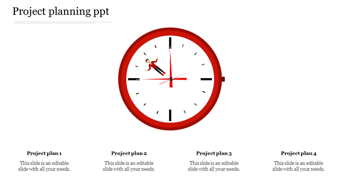 Red themed clock face with a figure inside, and four numbered project plans placed at the bottom.