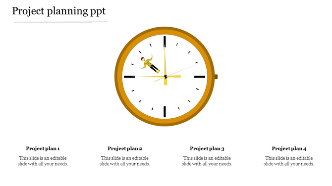 Project planning infographic featuring a yellow rimmed clock with black markers and a small figure integrated into the hands.