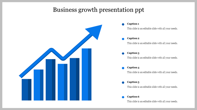 Growth slide featuring a blue bar chart with an ascending arrow and six labeled captions on the right side.