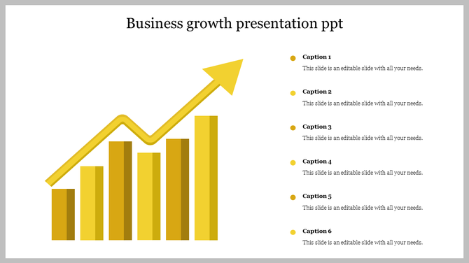 Business growth infographic with yellow bar chart and upward arrow, accompanied by six caption areas.