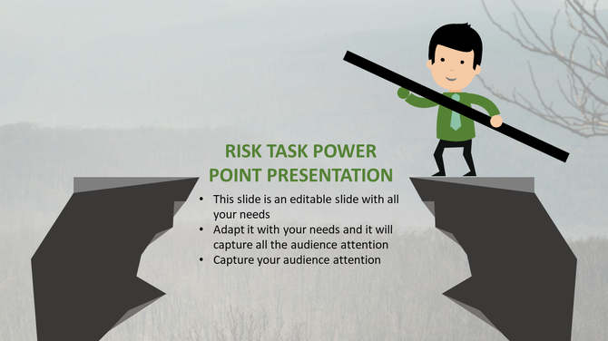 Risk task slide features an illustration of a person balancing on a narrow path over a gap, symbolizing risk management.
