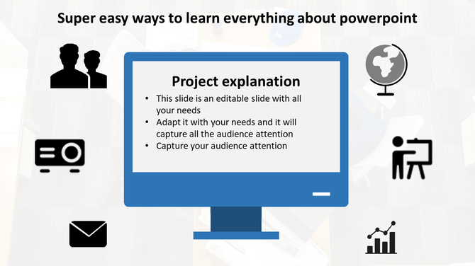 Project explanation slide displayed on a blue screen with six black icons for communication, analytics, and tools.