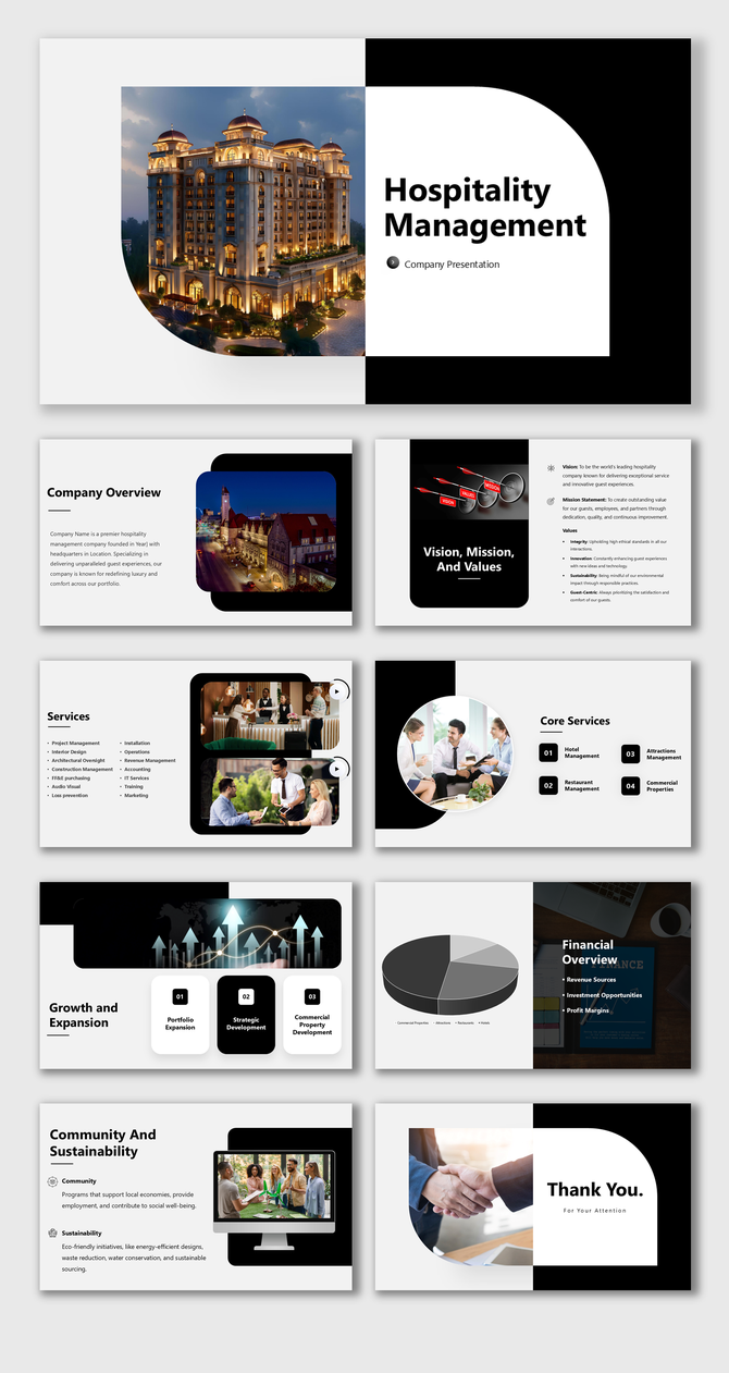 Company presentation slides for hospitality industry, with visuals for mission, services, growth strategies, and financials.