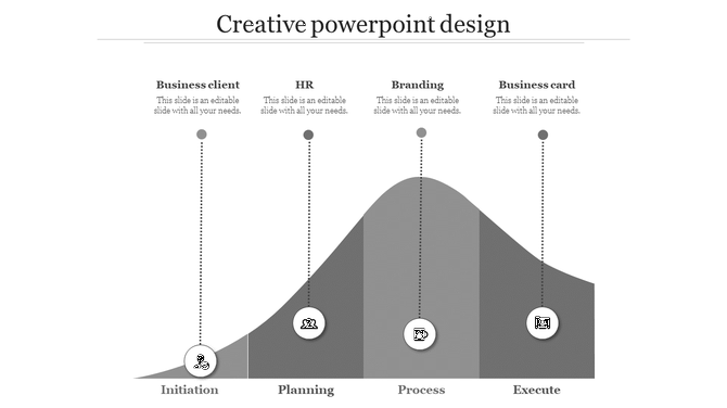Creative infographic featuring a four section grayscale curve with dotted lines linking captions and circular icons.