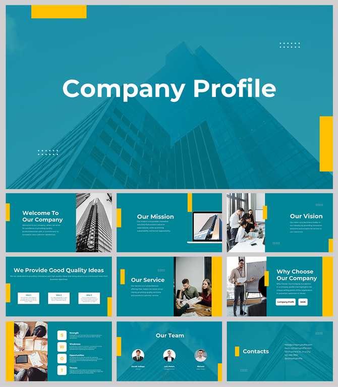 Modern company profile PowerPoint slides showcasing mission, vision, services, team, and contact information.