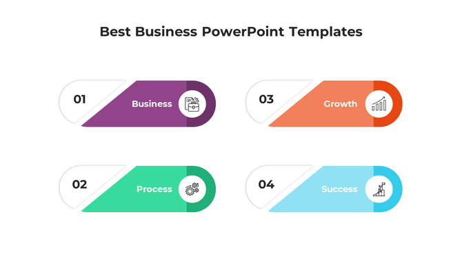 Business slide featuring four numbered sections in purple, green, orange, and blue, each with icons and descriptions.