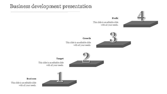 Business development infographic with four ascending gray steps, each numbered and labeled with captions.