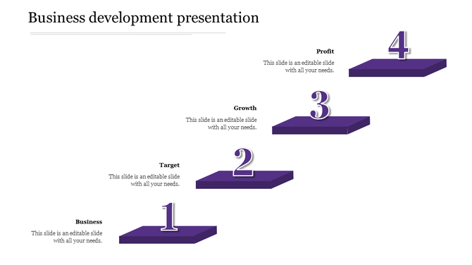 Business development staircase infographic with purple steps, numbered from 1 to 4, illustrating progression stages.