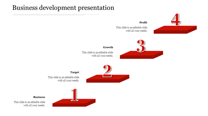 Business development infographic with four ascending red steps, each numbered and labeled with captions.