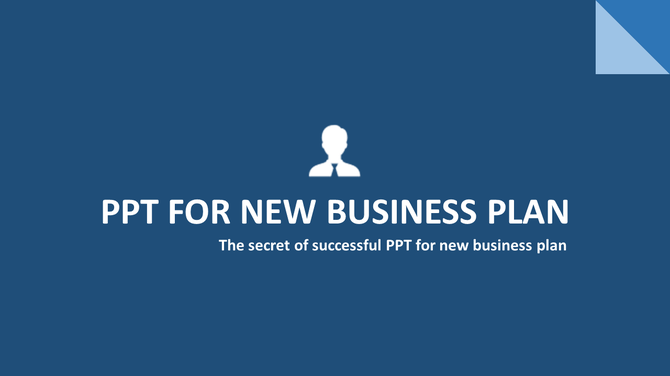 Business plan slide with a white silhouette icon and bold title with text beneath, set on a blue background.