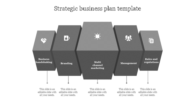 Gray 3D block infographic with five columns, each labeled with a business concept and icon on a white background.