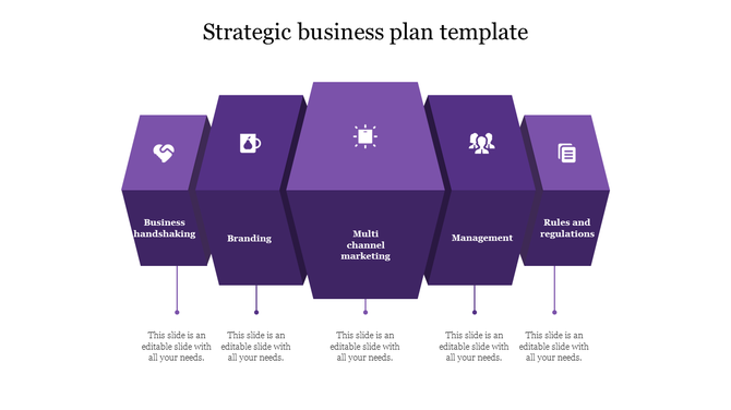 Purple themed slide featuring five 3D blocks, each with business related icons and text descriptions.