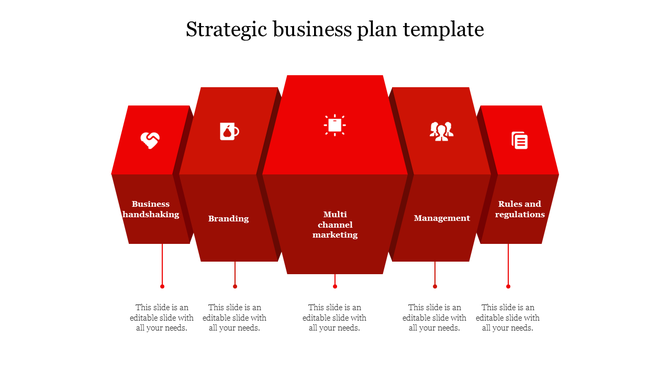 Strategic business infographic with five red 3D hexagonal blocks, each labeled with icons and captions.