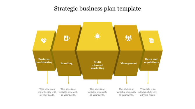 Strategic business plan PPT slide with five yellow stages from business handshaking to rules and regulations with text.