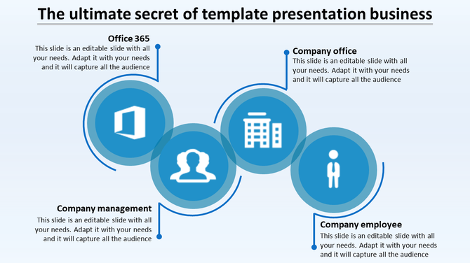 Slide with four overlapping blue circles showing office related themes, with descriptive text and icons.