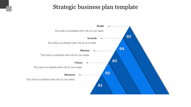 Business strategy infographic featuring a tiered blue pyramid with five ascending steps labeled from one to five.