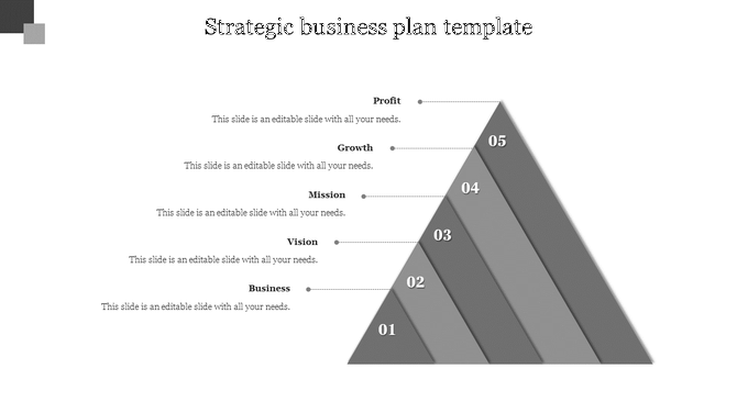Strategic business plan PPT template with a grey triangular design representing five key steps with placeholder text.