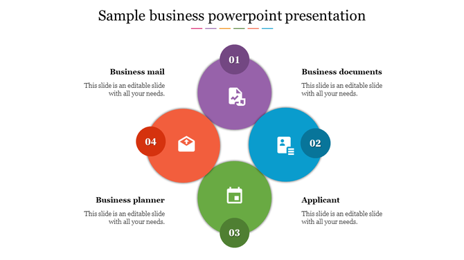 Business slide with four colored circles for different topics from mail, documents, planner, and applicant with icons.