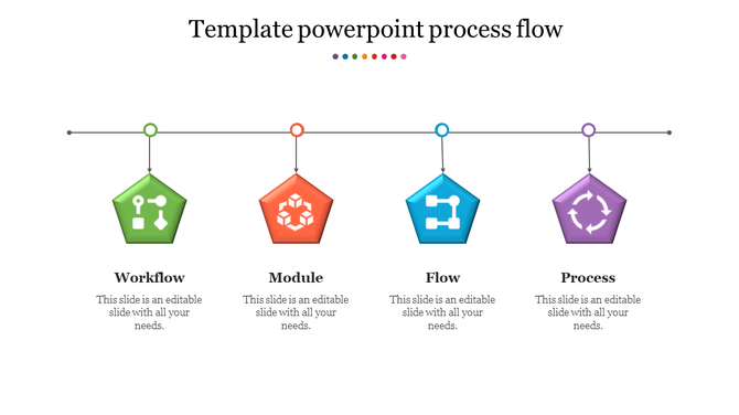 Four-step process flow template with icons for workflow, module, flow, and process, connected by a horizontal line.