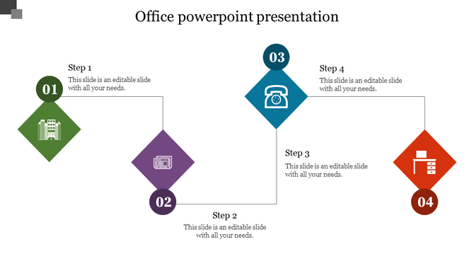Office slide with four steps in diamond shapes, highlighting building, newspaper, phone, and desk graphics.
