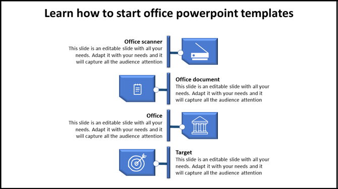 PowerPoint slide showcasing office scanner, document, office space, and target with placeholder sections and icons.