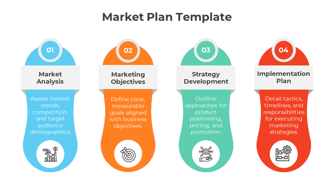 Four vertical, colorful capsule shapes in blue, orange, green, and red, each with an icon and text below headings.