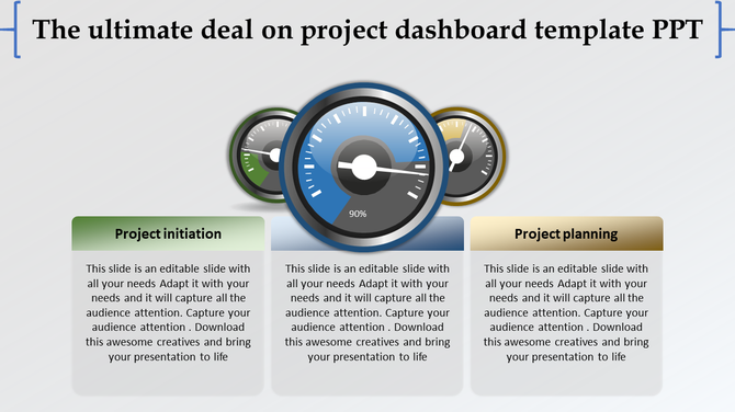 Dashboard template with three colorful gauge icons in the center and text boxes in green, blue, and gold.