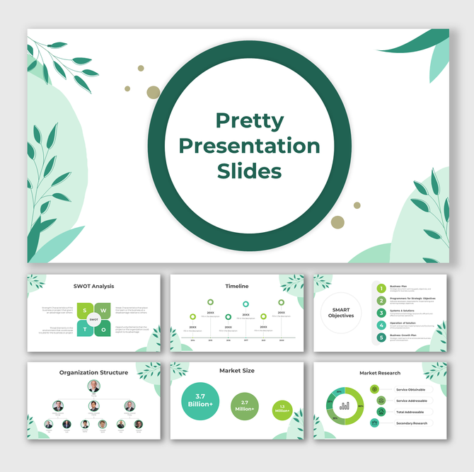 Pretty slides with leafy decorations and six slides from SWOT analysis, up to market research.