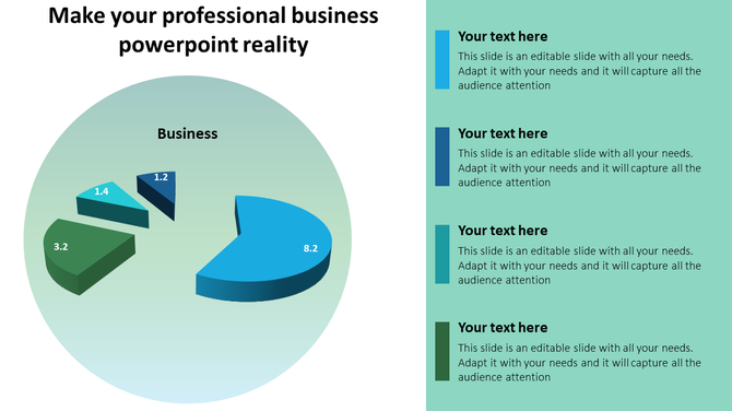 Business themed 3D pie chart with four color-coded segments and a list of customizable text placeholders on the right.