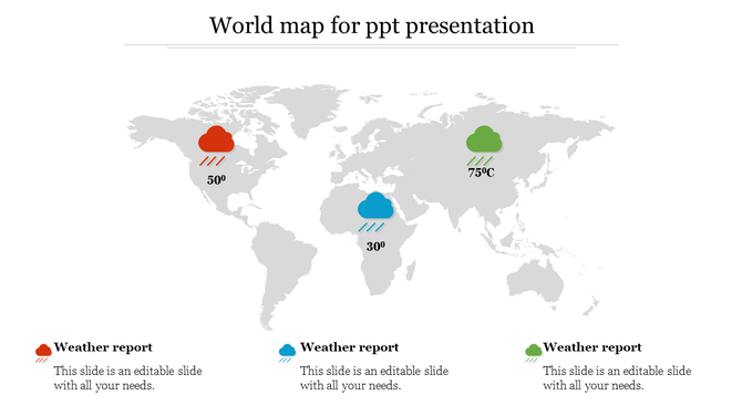 A world map for a PowerPoint with weather report markers showing temperatures in various locations with captions.