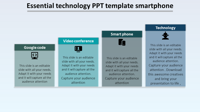 Four vertical rectangular blocks in green, teal, gray, and blue, each labeled with technology related headings and icons.
