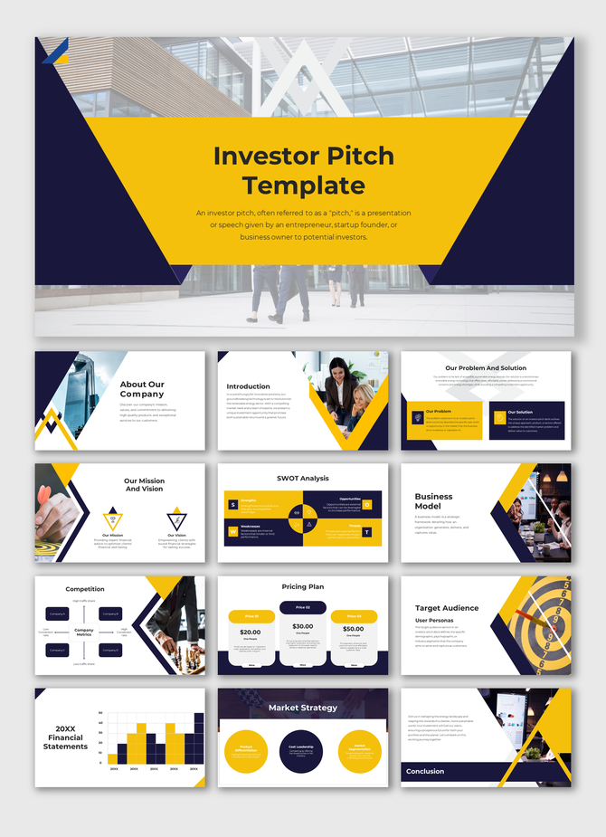 Investor pitch slide deck with yellow and blue accents, covering problem solving, business model, and financials.